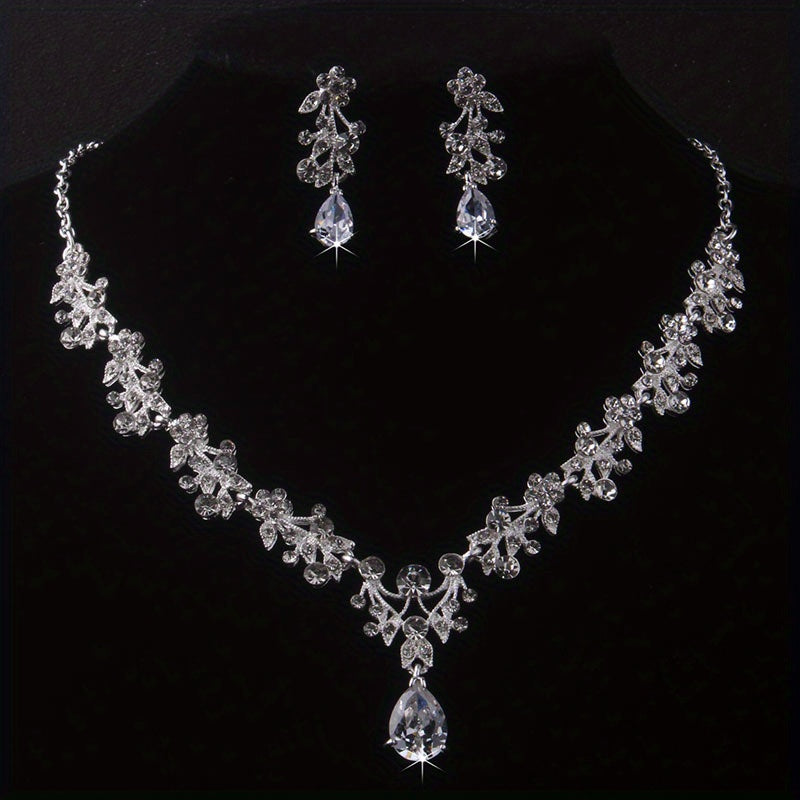 Golden Silvery Zircon Rhinestone Necklace & Earrings