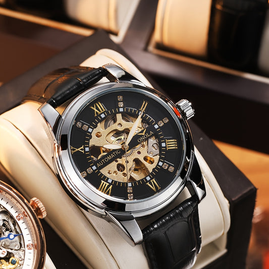 ONOLA Men'S Tourbillion Mechanical Watch, 3ATM Water-Resistant, Round Alloy Case, Calf Leather Strap, Business Style, Self-Winding, Luminous Dial, No Battery Required