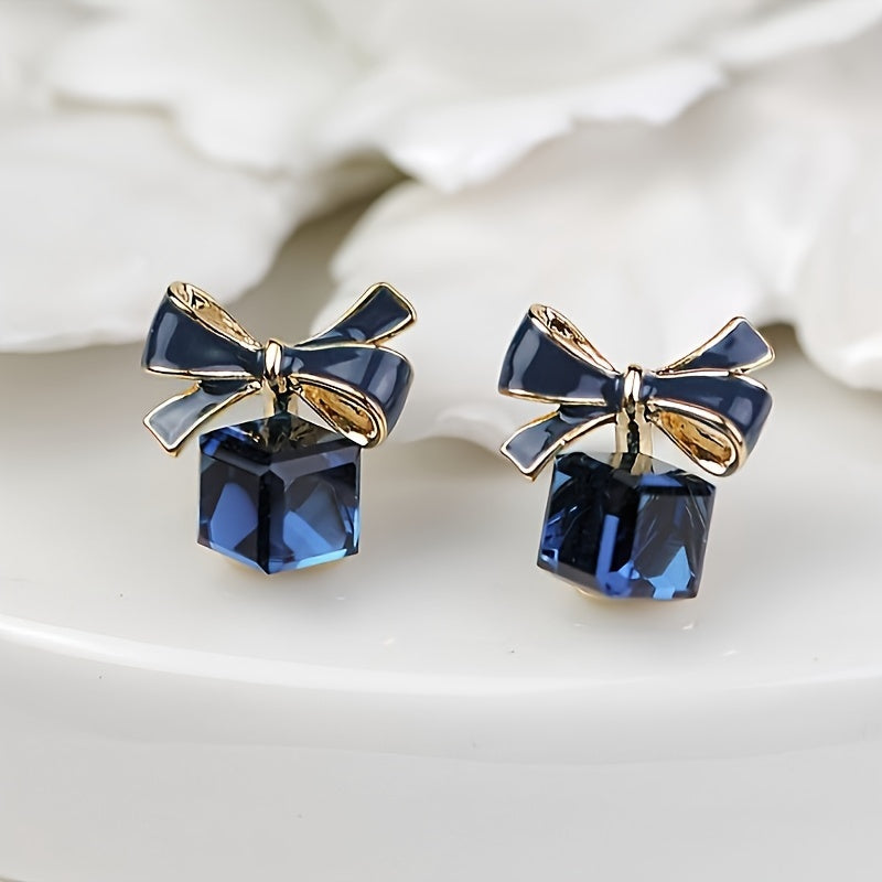 Elegant Bowknot Crystal Square Stud Earrings - Alloy, Perfect for Casual Attire & Gifting