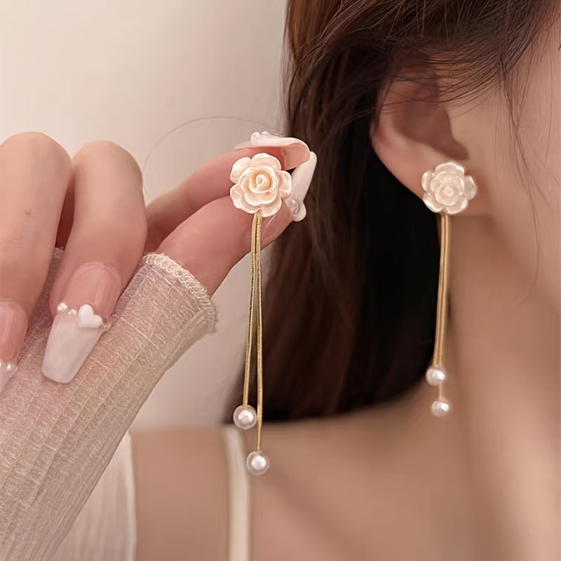 Camellia Tassel Stud Earrings Female Elegant Beautiful Fairy Style Light Luxury Pearl Earrings