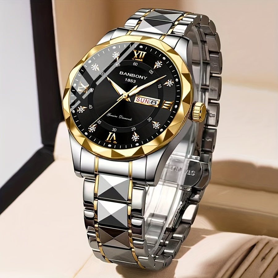 Stainless Steel Strap Men's Roman Numerals Dial Rhinestones Multifunctional Watch