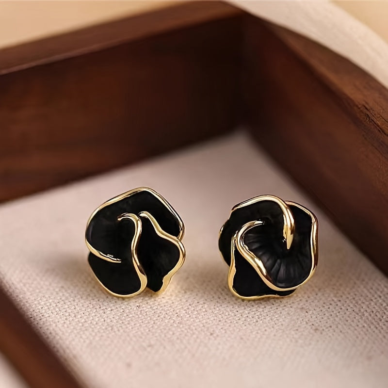 Pair of Elegant Black & Golden Camellia Flower Stud Earrings
