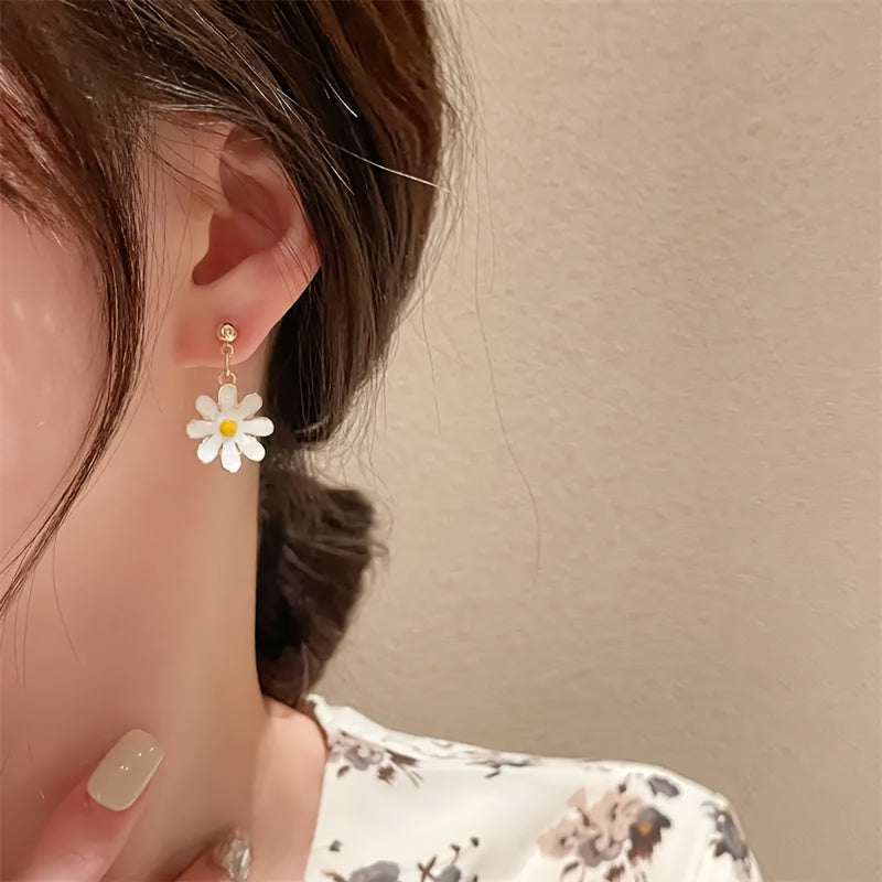 Simple Daisy Flower Drop & Dangle Earrings - Alloy, Iron Ear Needle, No Plating, Fashionable Minimalist Style