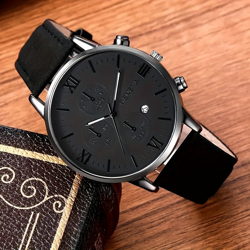 Geneva Vintage Men's Quartz Watch, Round Alloy Case, Analog Display, with Date Feature, PU Leather Strap, Battery Powered (Button Battery)