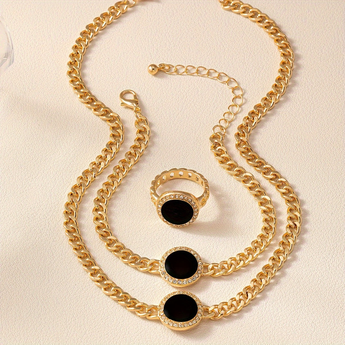 Simple and elegant black round necklace, ring, bracelet, three-piece set