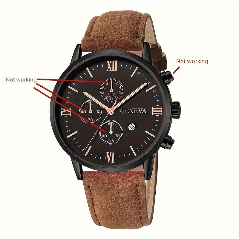 Geneva Vintage Men's Quartz Watch, Round Alloy Case, Analog Display, with Date Feature, PU Leather Strap, Battery Powered (Button Battery)