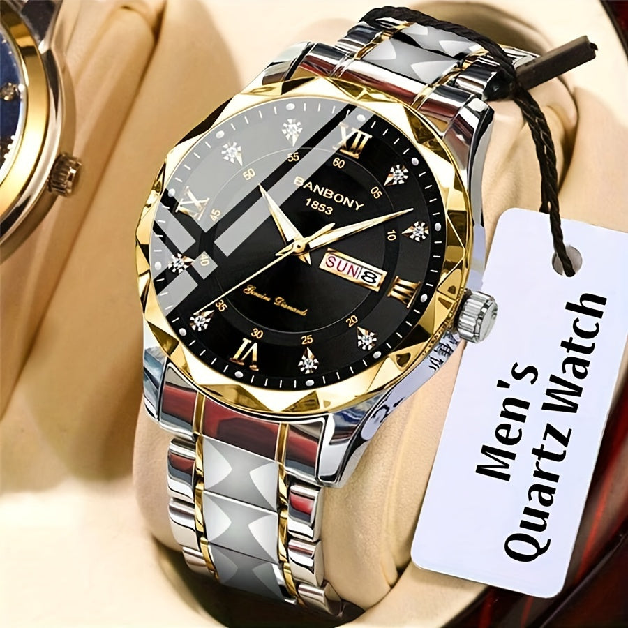 Stainless Steel Strap Men's Roman Numerals Dial Rhinestones Multifunctional Watch