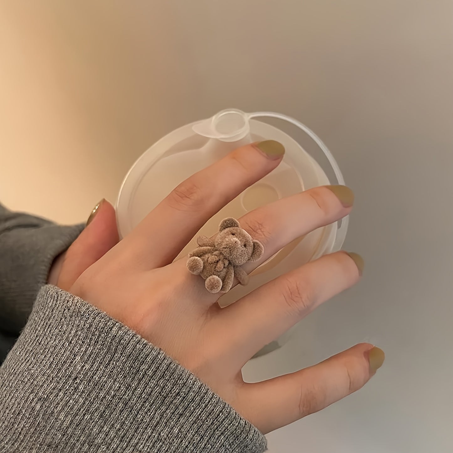 Cute Handmade Velvet Bear Ring, Adjustable