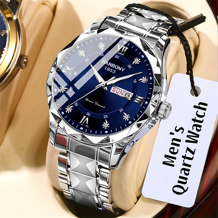 Stainless Steel Strap Men's Roman Numerals Dial Rhinestones Multifunctional Watch