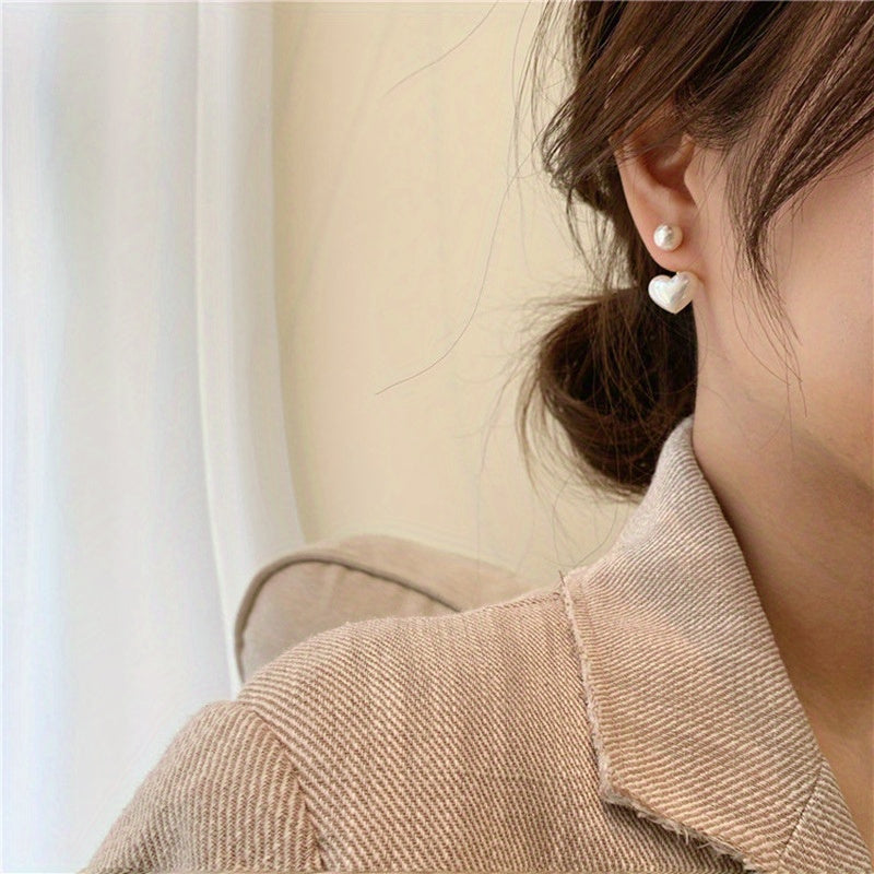 1 Pair Classic Heart-Shaped Faux Pearl Stud Earrings, Hypoallergenic White Golden Plated Alloy with Acrylic Inlay