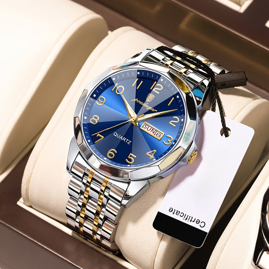 Men's Fashion Business Casual Dual Calendar Quartz Watch, Round Analog Dial, Alloy Case & Band, Battery-Powered, Non-Rechargeable Button Battery
