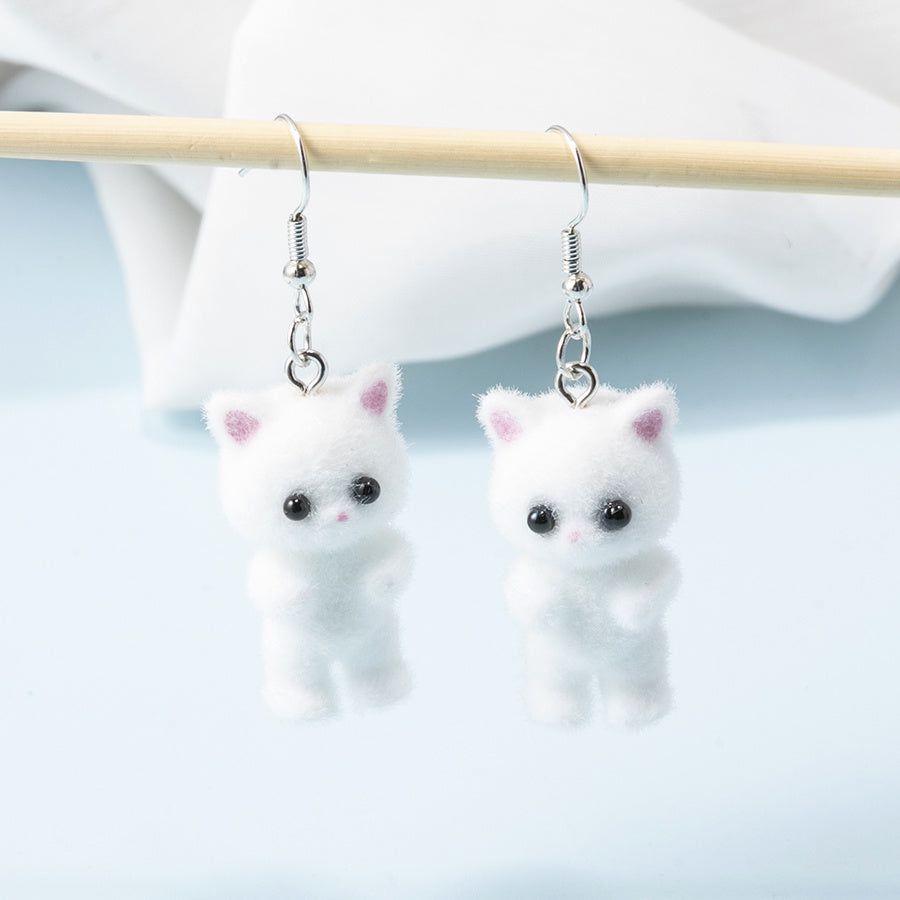 Cute Flocked Cat Earrings - White & Gray with Pink Accents, Perfect Gift for Women