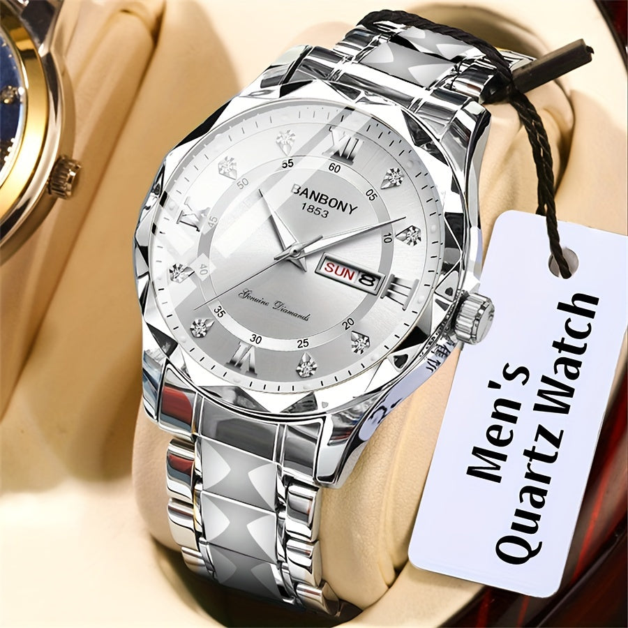 Stainless Steel Strap Men's Roman Numerals Dial Rhinestones Multifunctional Watch