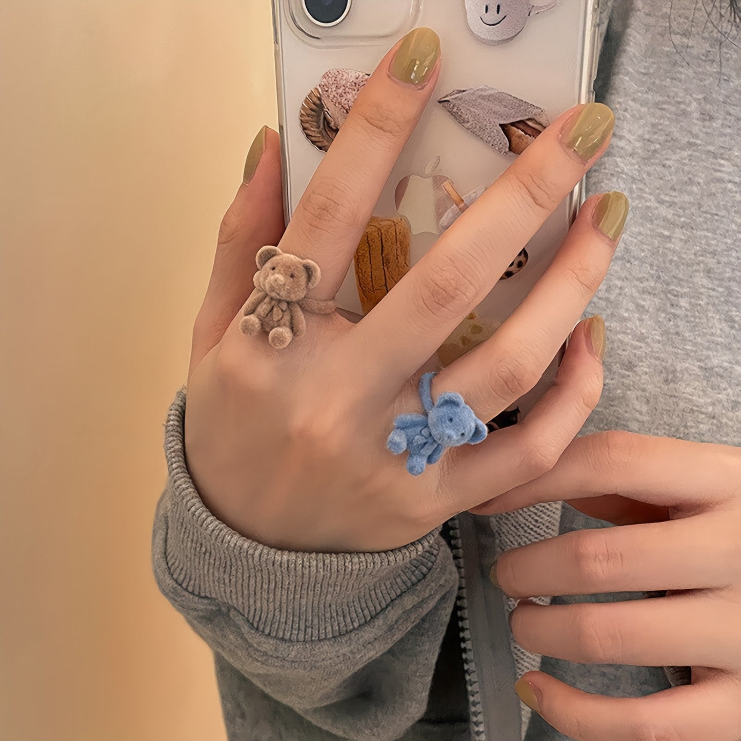 Cute Handmade Velvet Bear Ring, Adjustable