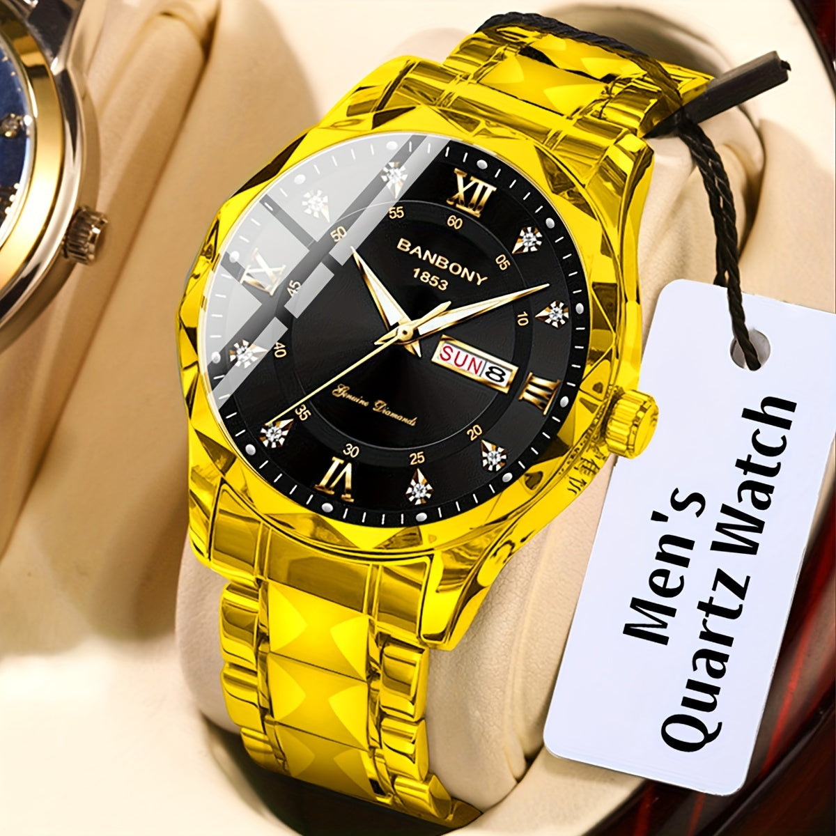 Stainless Steel Strap Men's Roman Numerals Dial Rhinestones Multifunctional Watch
