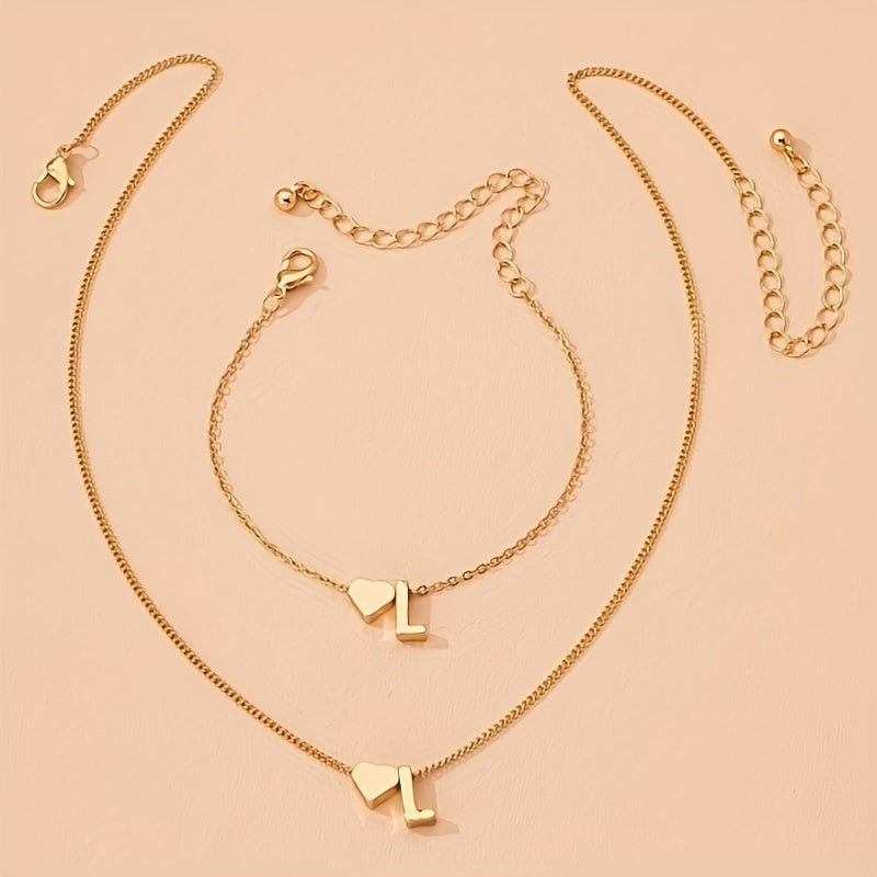Set of Small Peach Heart Letter Necklace and Bracelet for Women