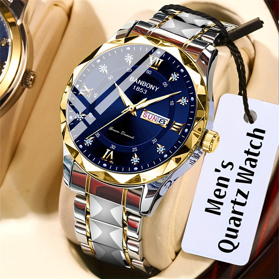 Stainless Steel Strap Men's Roman Numerals Dial Rhinestones Multifunctional Watch