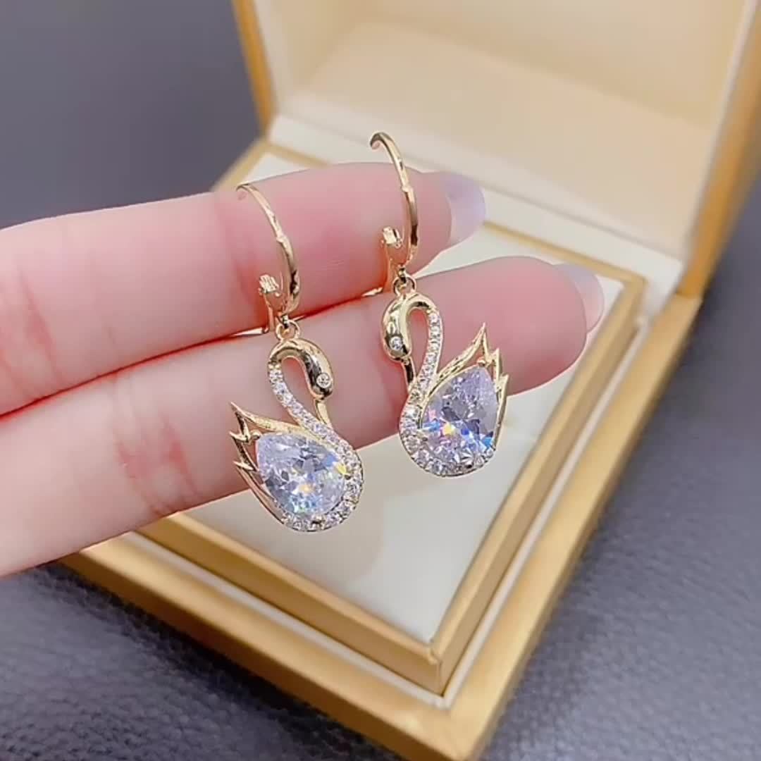 Golden-Tone Swan Dangle Earrings with Sparkling Rhinestones