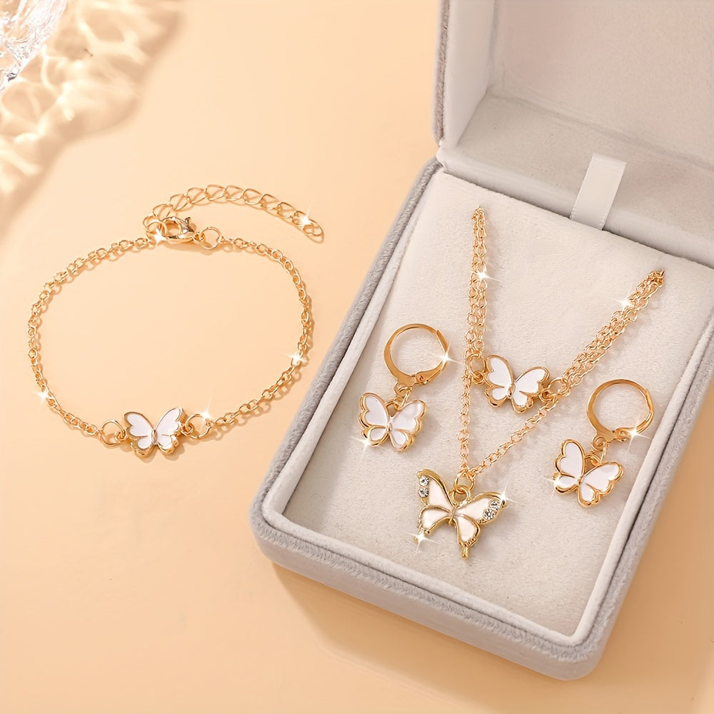 4-Piece Butterfly Jewelry Set , Alloy No-Plating Jewelry with Plastic Mosaic - Includes Necklace, Bracelet, Earrings