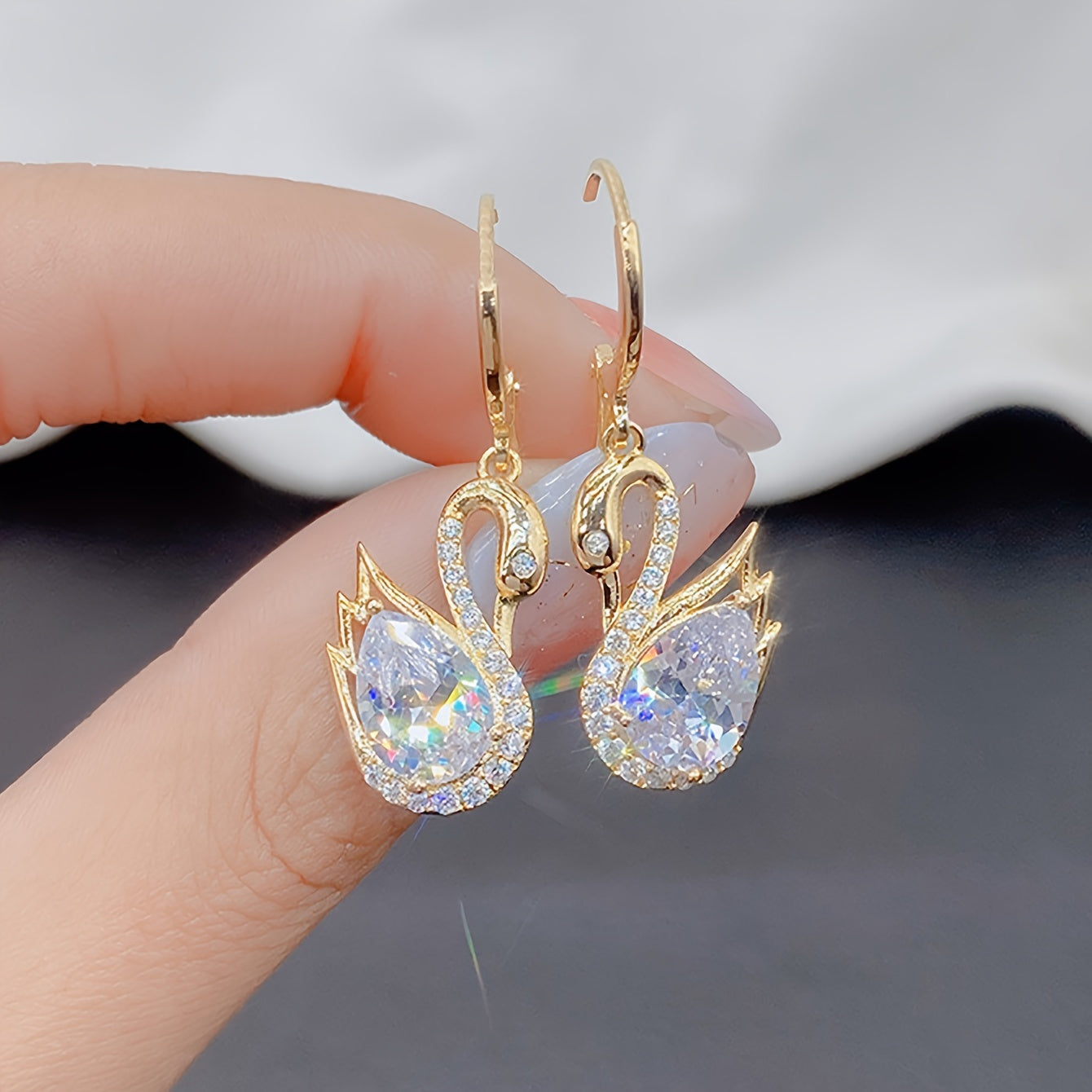 Golden-Tone Swan Dangle Earrings with Sparkling Rhinestones