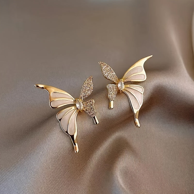 Butterfly Stud Earrings, Sweet Petite Wings With Rhinestones, Fashionable Simple Korean Style