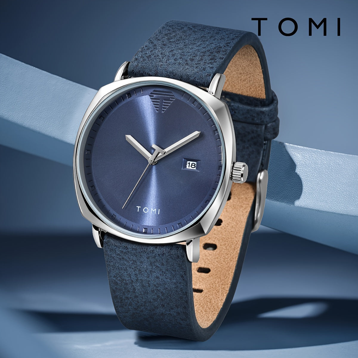 TOMI Men'S Simple Style Quartz Watch with Moon Phase Calendar, Rectangle Case, Faux Leather Band, Non-Rechargeable Battery