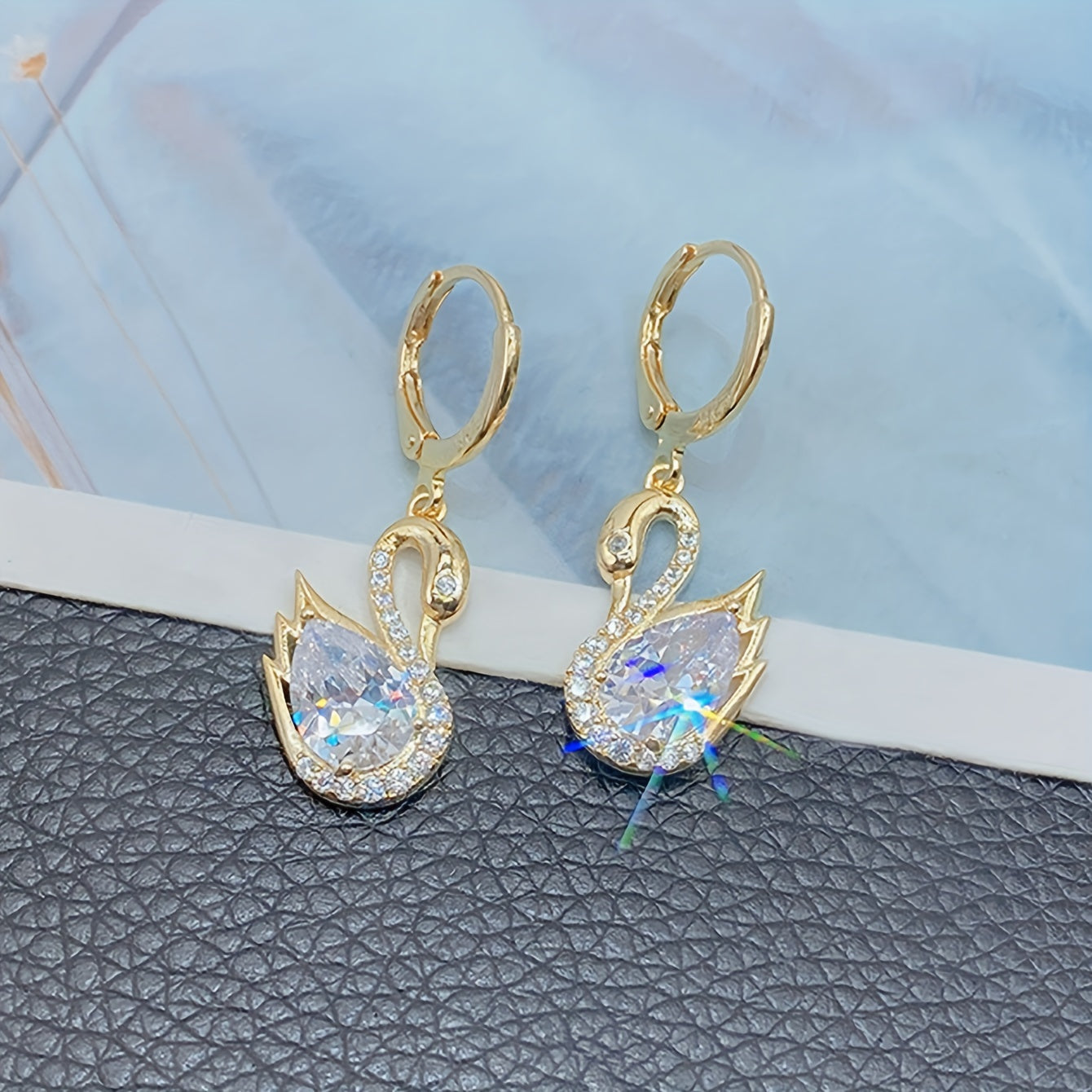 Golden-Tone Swan Dangle Earrings with Sparkling Rhinestones