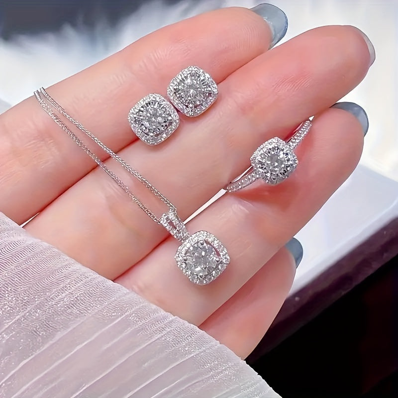 Cuboid Shiny Zirconia Inlaid Stud Earrings & Pendant Necklace & Ring Elegant Luxury Style Delicate Female Gift