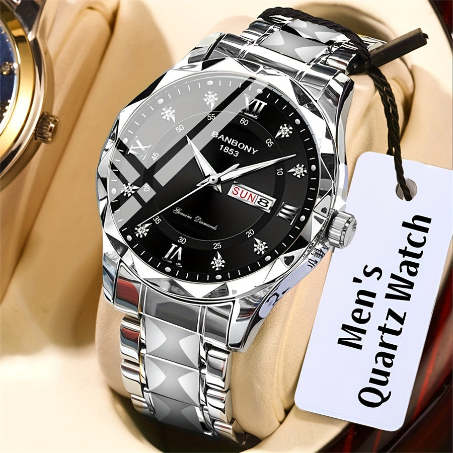 Stainless Steel Strap Men's Roman Numerals Dial Rhinestones Multifunctional Watch
