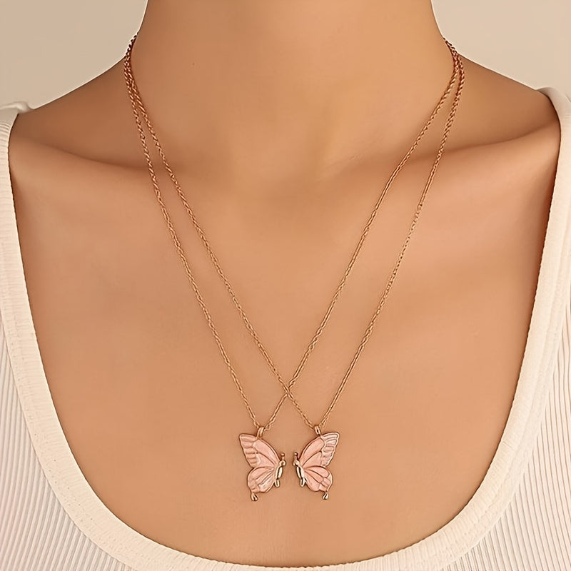 2pc pink color butterfly pendant necklace, adjustable