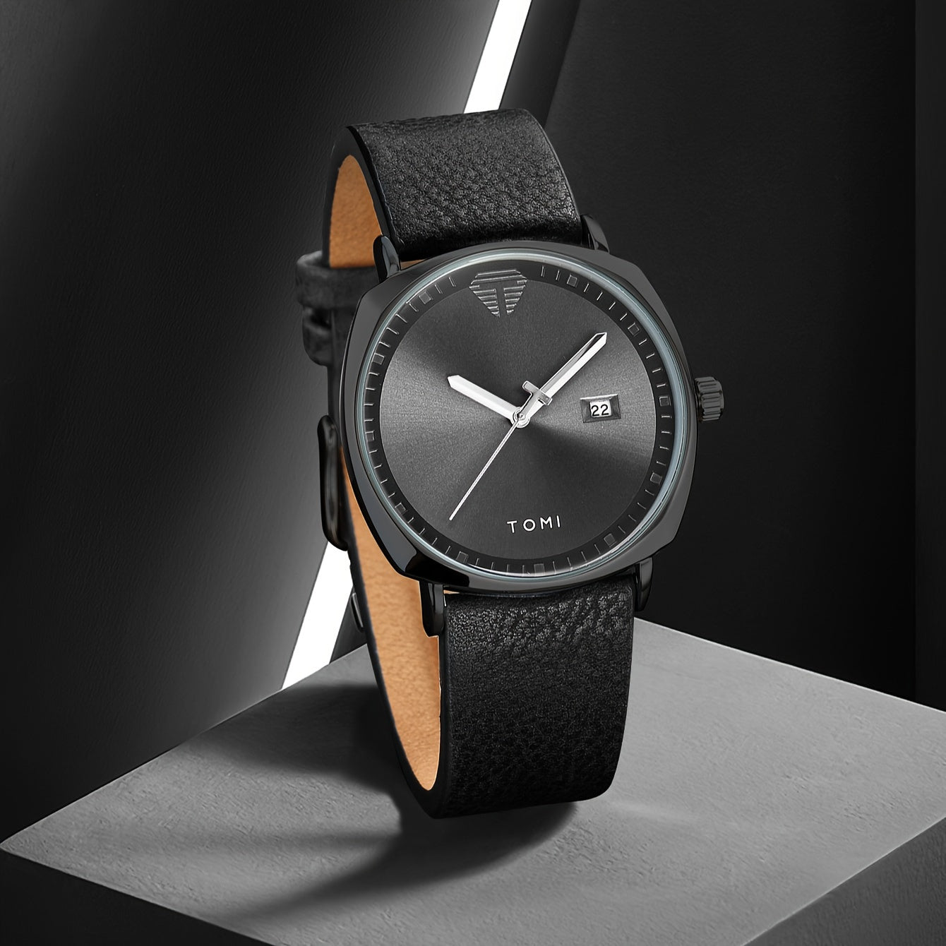 TOMI Men'S Simple Style Quartz Watch with Moon Phase Calendar, Rectangle Case, Faux Leather Band, Non-Rechargeable Battery