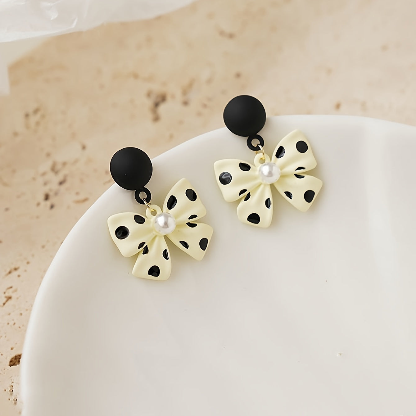 Elegant Polka Dot Faux Pearl Bow Drop Earrings for Women