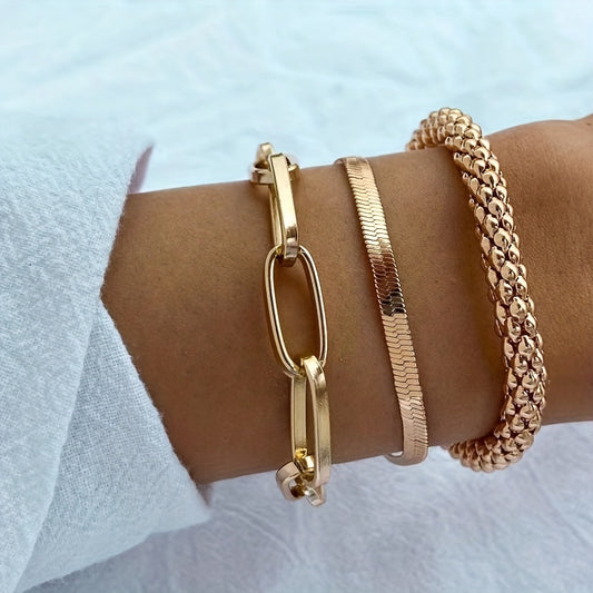 Multi-layer Snake Bone Chain Bracelet Set, Vintage 3-piece Golden Chain Bracelet For Women.