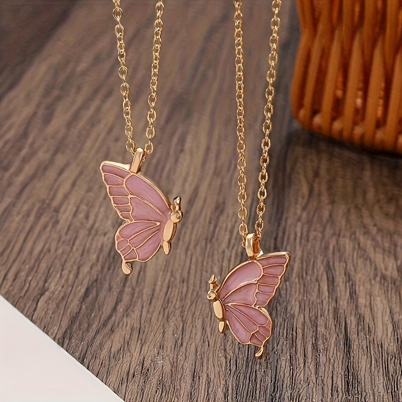 2pc pink color butterfly pendant necklace, adjustable