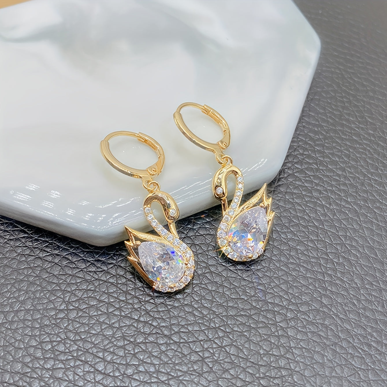 Golden-Tone Swan Dangle Earrings with Sparkling Rhinestones