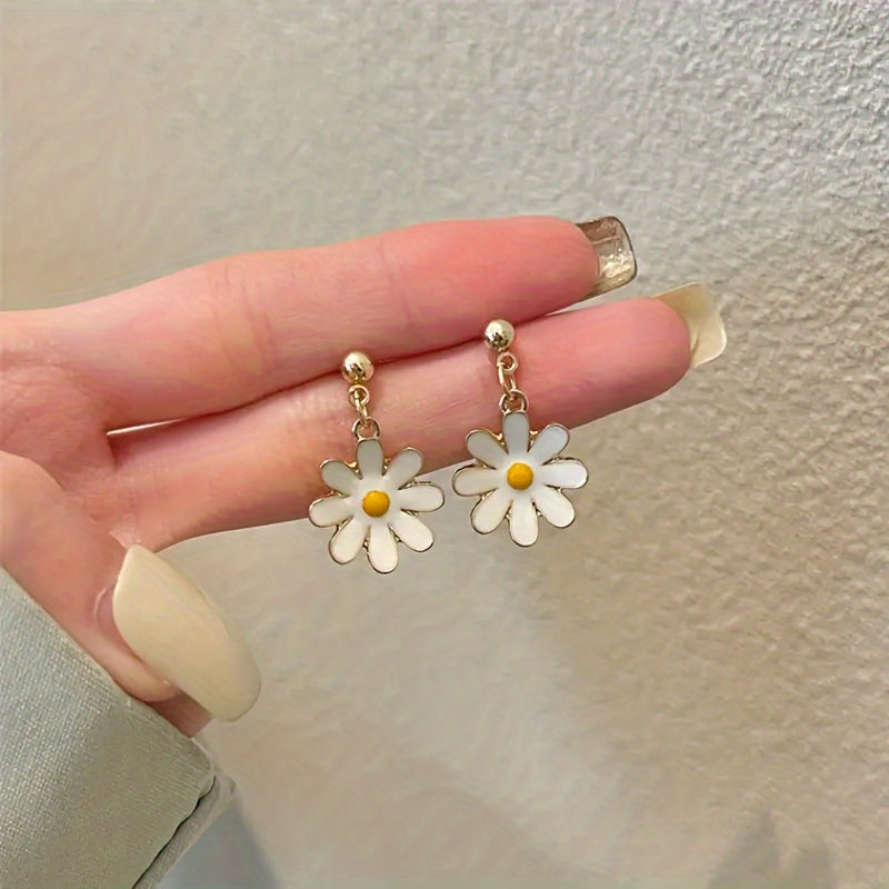Simple Daisy Flower Drop & Dangle Earrings - Alloy, Iron Ear Needle, No Plating, Fashionable Minimalist Style