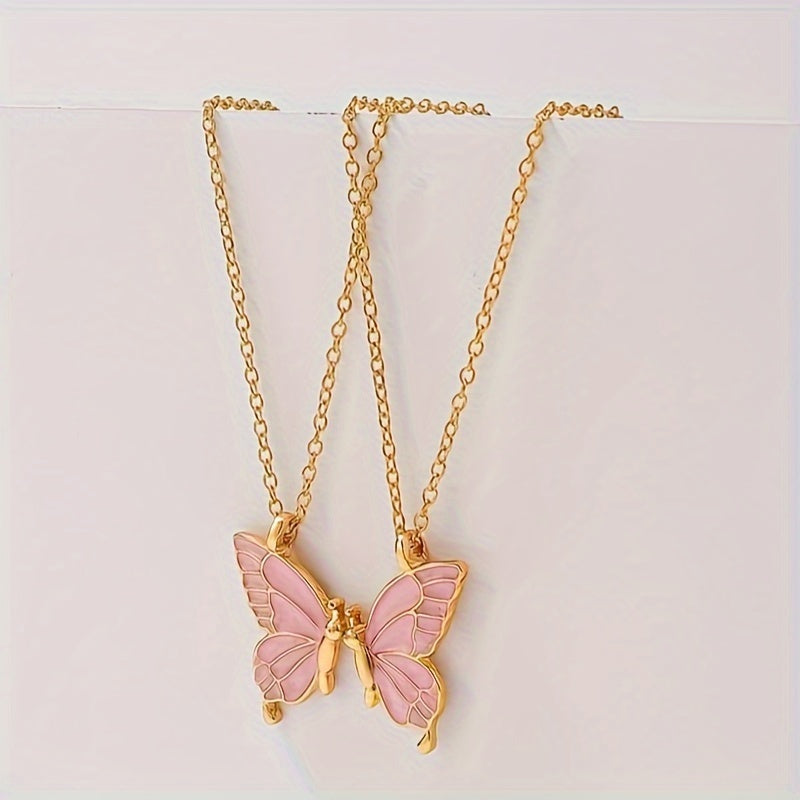 2pc pink color butterfly pendant necklace, adjustable