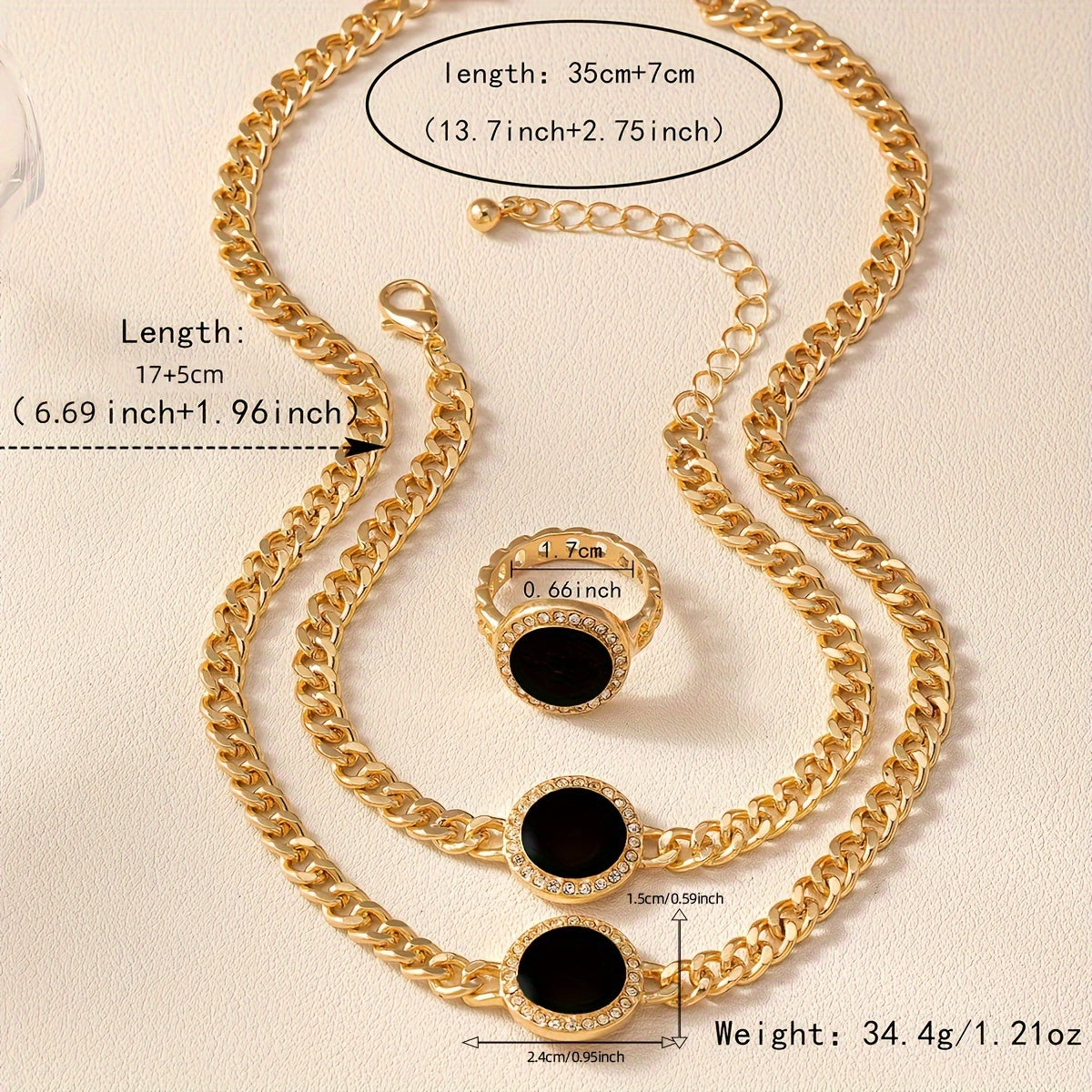 Simple and elegant black round necklace, ring, bracelet, three-piece set