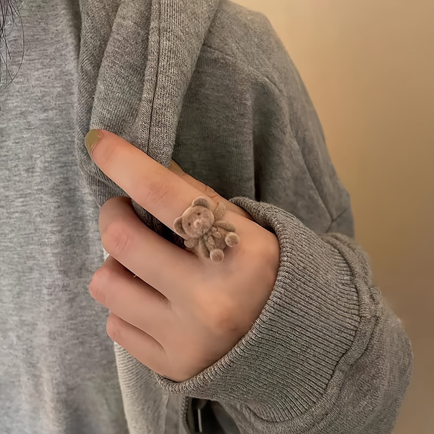 Cute Handmade Velvet Bear Ring, Adjustable