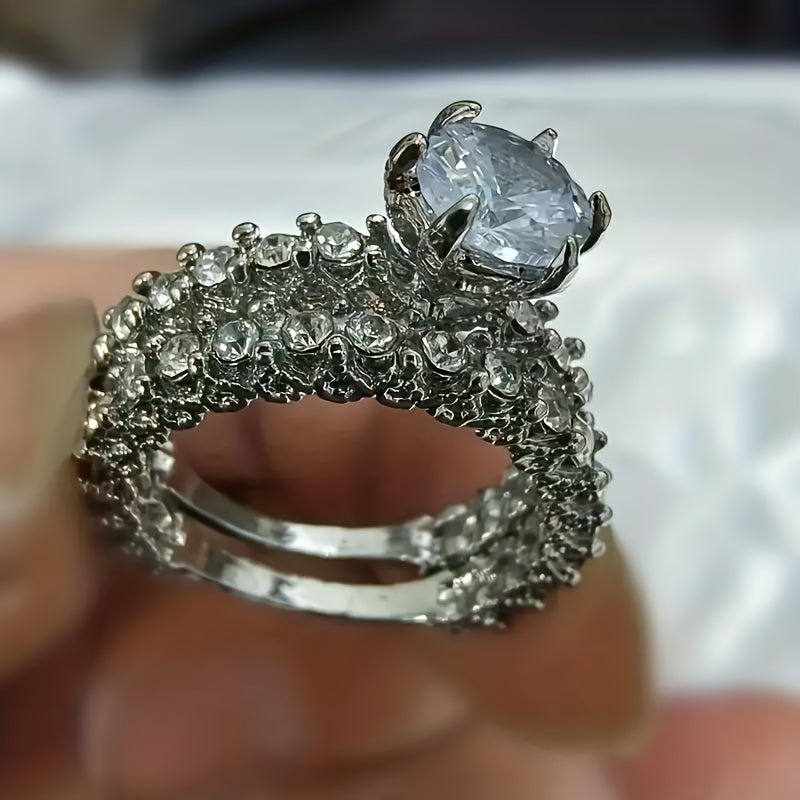 2pcs/set of classic luxury engagement proposal bride set wedding rings, set with exquisite crystal imitation Zirconia