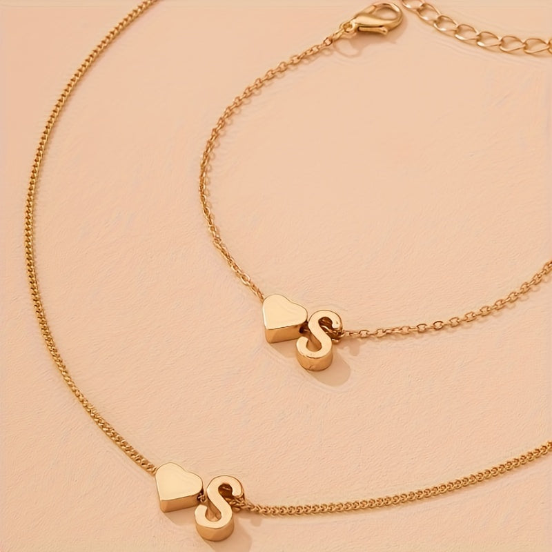 Set of Small Peach Heart Letter Necklace and Bracelet for Women