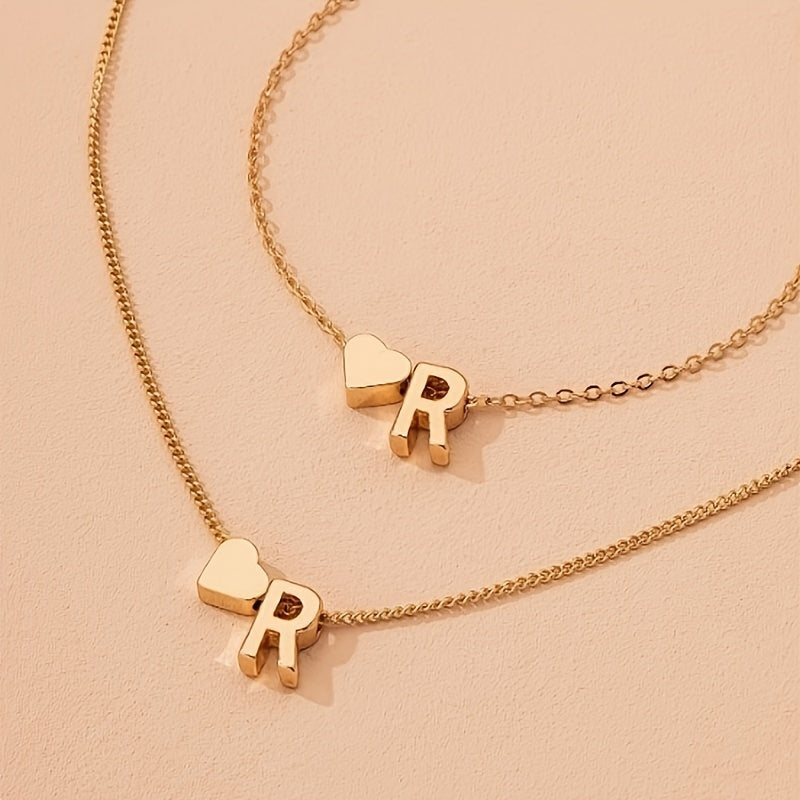 Set of Small Peach Heart Letter Necklace and Bracelet for Women