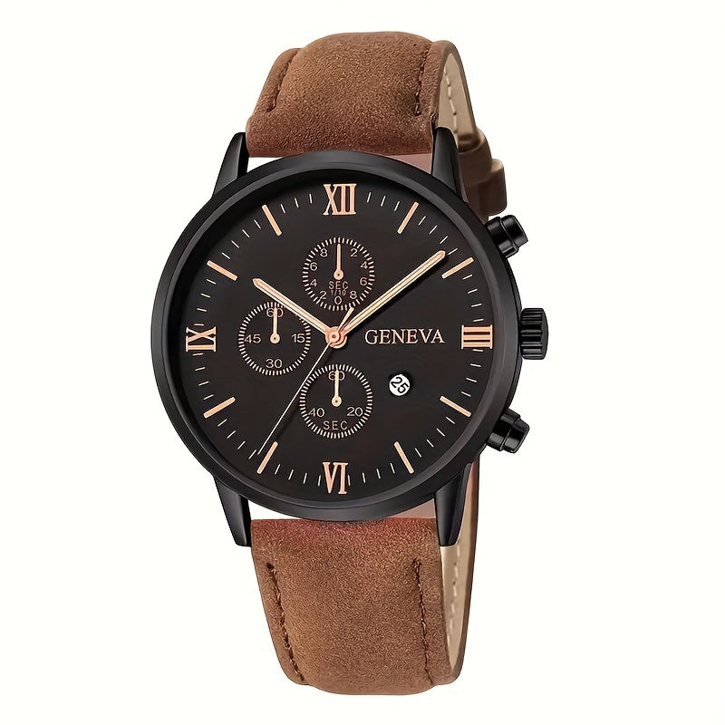 Geneva Vintage Men's Quartz Watch, Round Alloy Case, Analog Display, with Date Feature, PU Leather Strap, Battery Powered (Button Battery)