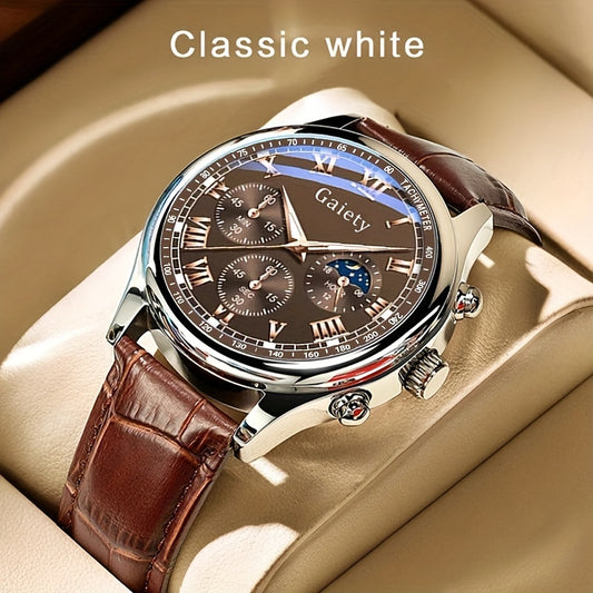 Men's Luxury Quartz Watch - Classic White Round Dial, Faux Leather Band, Non, Alloy Case, Business & Sport Style, Button Battery