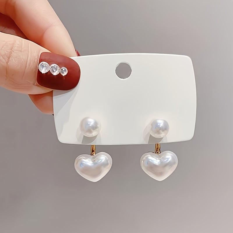 1 Pair Classic Heart-Shaped Faux Pearl Stud Earrings, Hypoallergenic White Golden Plated Alloy with Acrylic Inlay