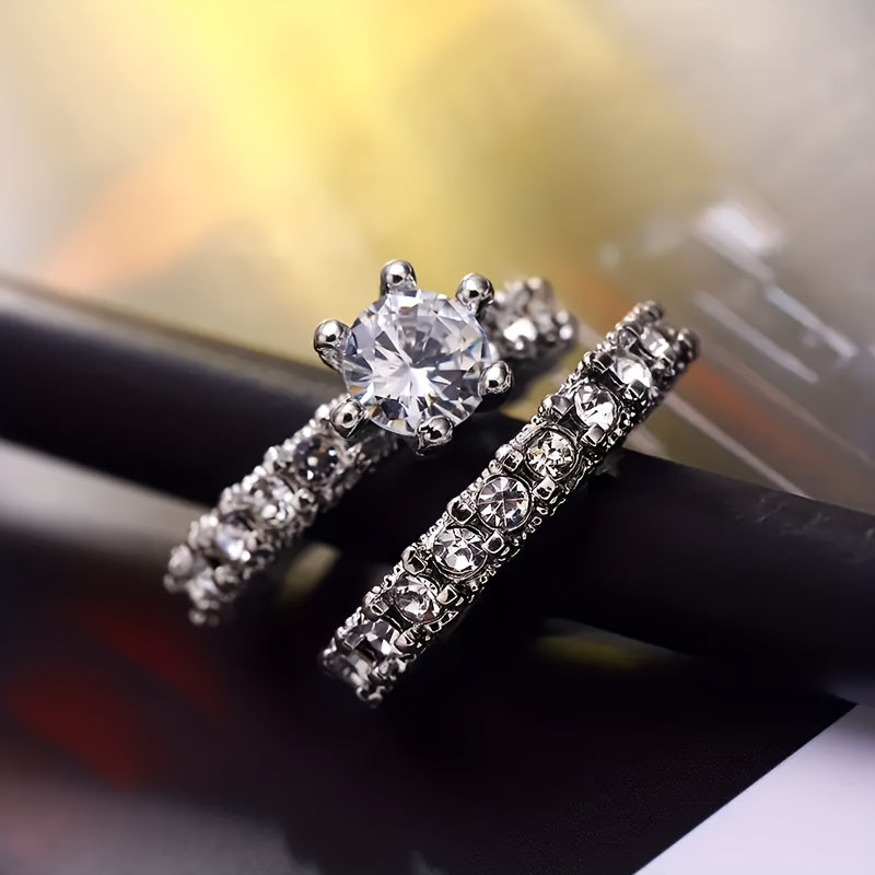2pcs/set of classic luxury engagement proposal bride set wedding rings, set with exquisite crystal imitation Zirconia