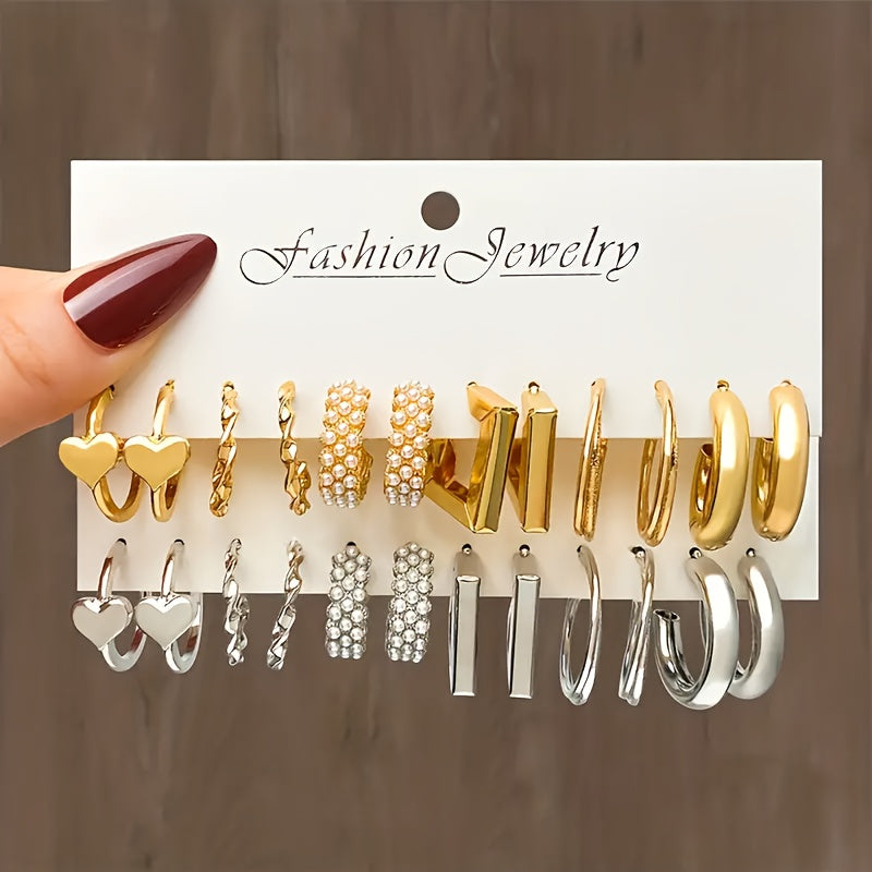 6 Pairs Set Of Tiny Delicate Hoop Earrings With Creative Heart