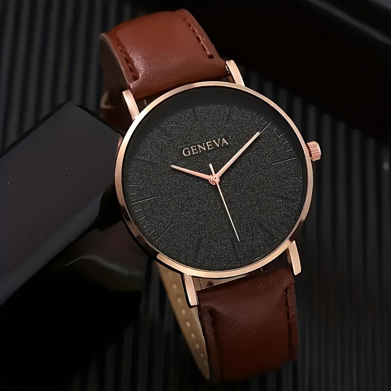 GENEVA Men's Fashionable Elegant Quartz Watch, Round Case, PU Leather Strap, Alloy Body, Non-Wireless, Non-Rechargeable Battery (Button Cell, Diameter < 20mm)