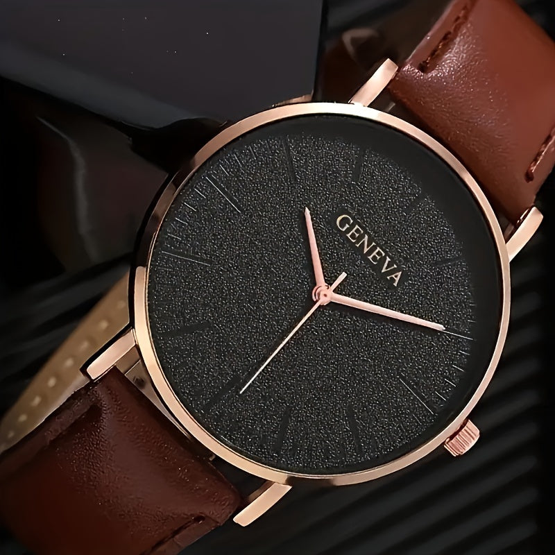 GENEVA Men's Fashionable Elegant Quartz Watch, Round Case, PU Leather Strap, Alloy Body, Non-Wireless, Non-Rechargeable Battery (Button Cell, Diameter < 20mm)