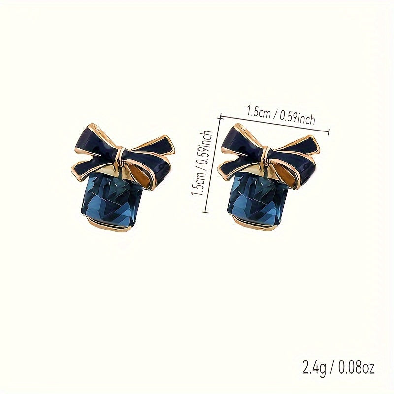 Elegant Bowknot Crystal Square Stud Earrings - Alloy, Perfect for Casual Attire & Gifting